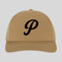 Beige cap with a black letter 'P' on a light gray background